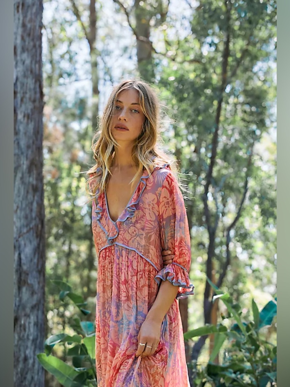 Free People Water Color Wishes Pink Floral Chiffon Maxi Dress Size Medium
